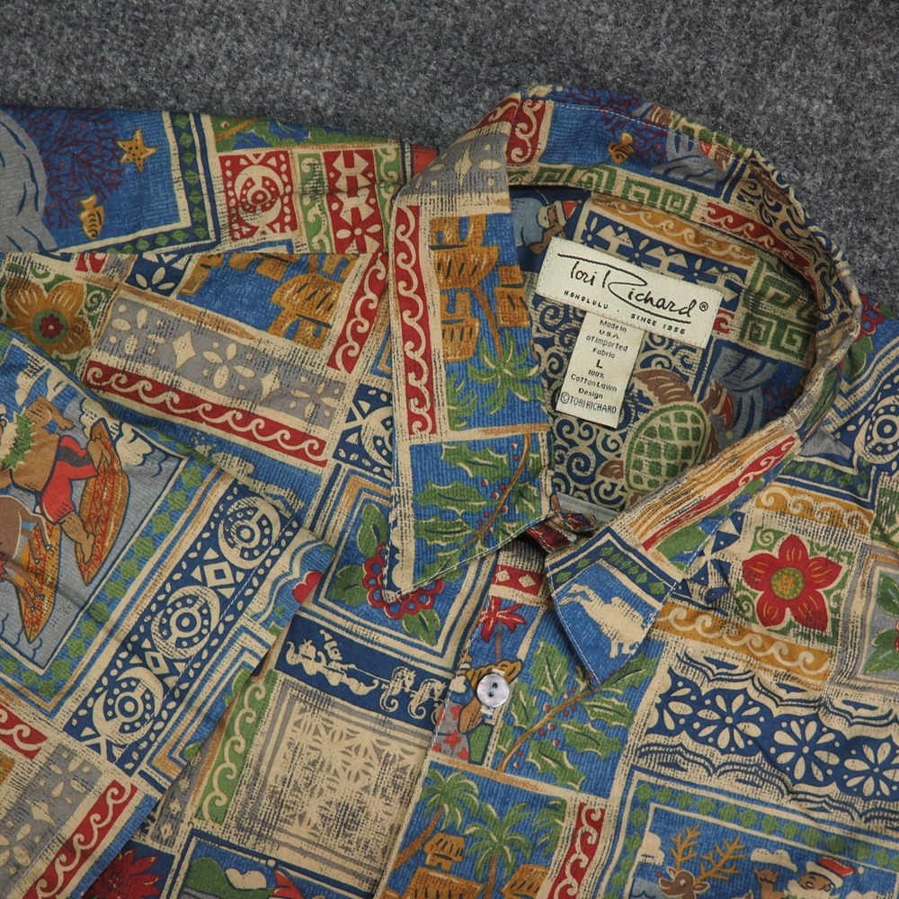 Tori Richard Shirt Mens Large Mele Kalikimaka Blue Cotton Lawn Surfing Santa